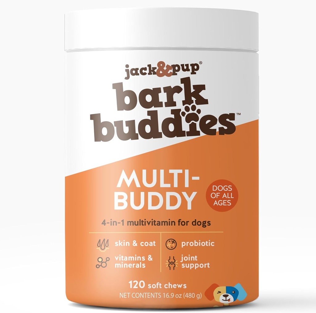 Jack & Pup Hund Multivitamin | Bark Venner Hund Vitaminer og kosttilskudd for eldre hunder til valper | Daglig hund multivitaminer Chewable for immunitet, felles, digestion, hud og coat helse (120ct)