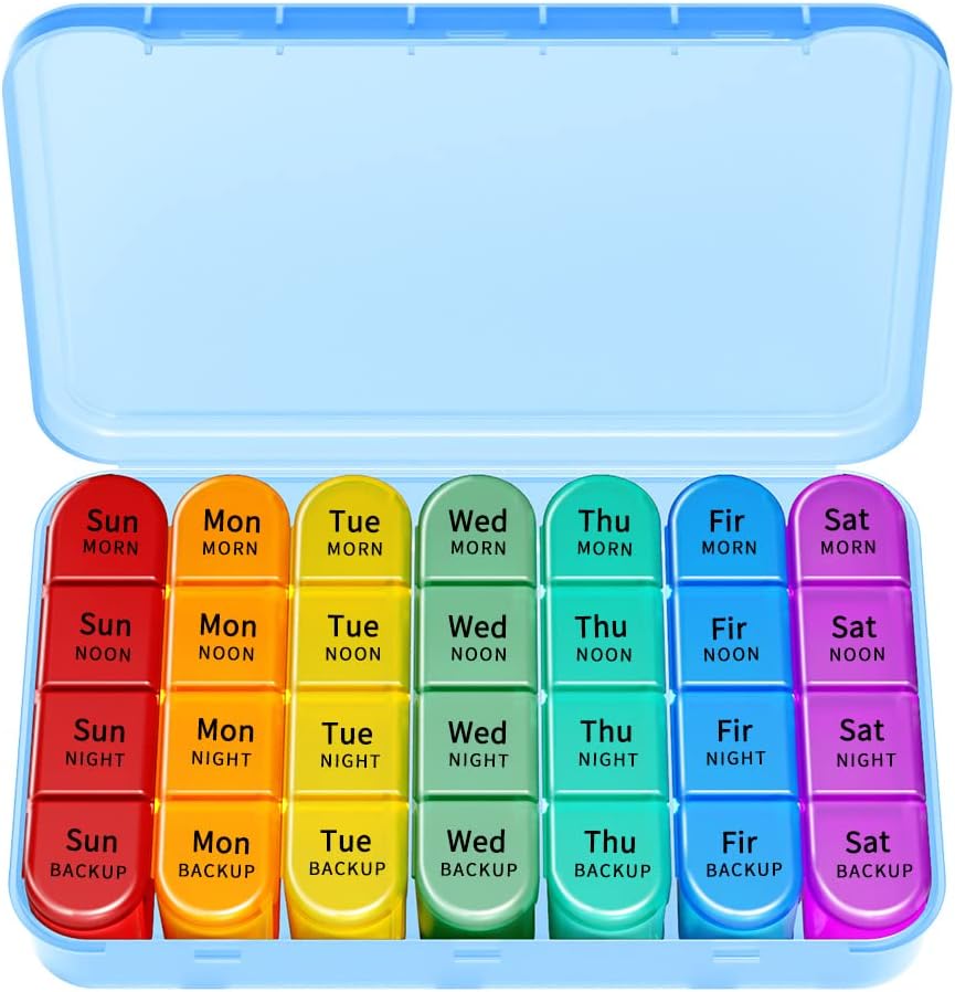 Heti Pill Organizer, Travel Pill Box Case (7- Day / 4- Times- A- Day) Big Communications, hogy tartsa sok hal olajok, Vitaminok, Morning Date Night Medication Dispenser (kék)