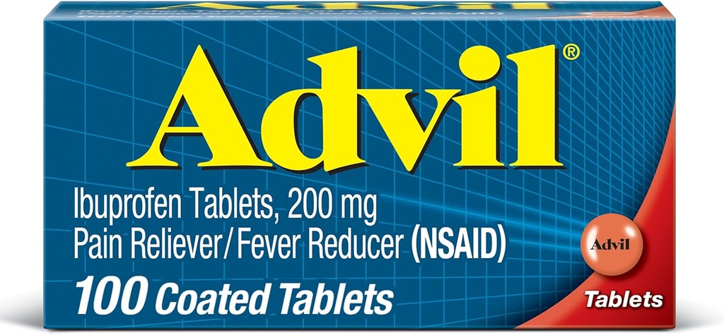 Advil Pain Reliever and Fever Reducer, Pain Relief Medicine with Ibuprofen 200mg for Heads, Backhead, Menstrual Pain and Joint Pain Relief - 100 Coated Tablety