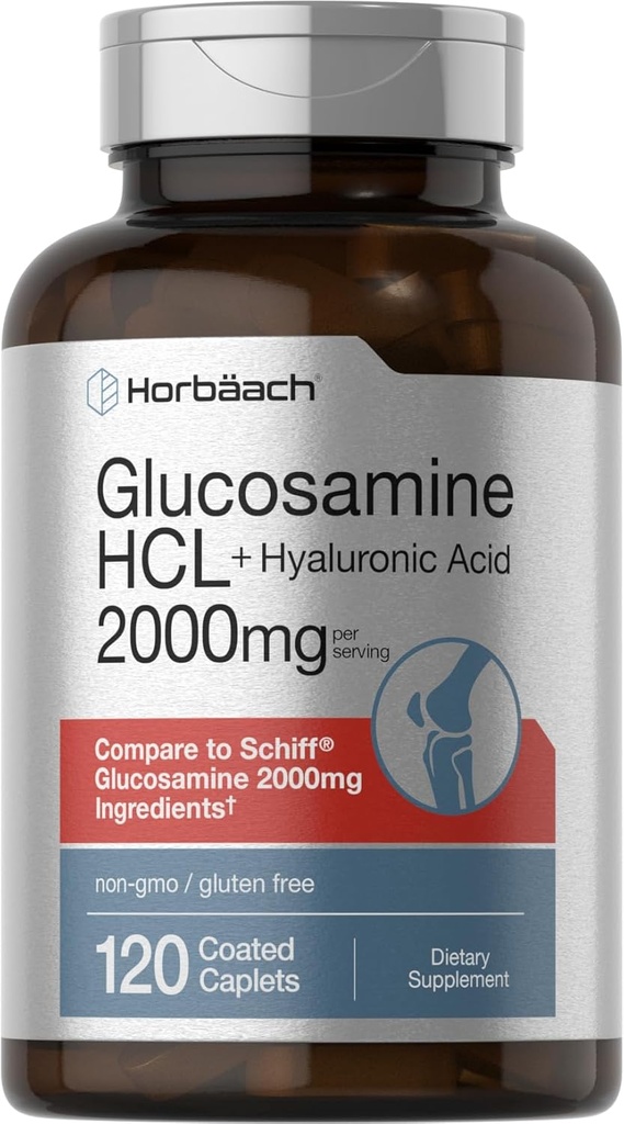 Horbäach glucosamin HCL med Hyaluronsyre | 2000mg | 120 belagte kapell | Ikke-GMO & Glutenfri Supplement