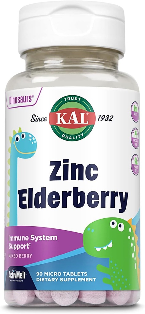 KAL Kids Zinc Elderberry Dinosaurs, Immune Support Supplement* haurrentzat w/Sambucus Elderberry, Disoluzio bizkorra Berry ActivMelts, Fun, Tasty Dino Forms, Vegan, 90 Zerbitzu, 90 Micro Tablets