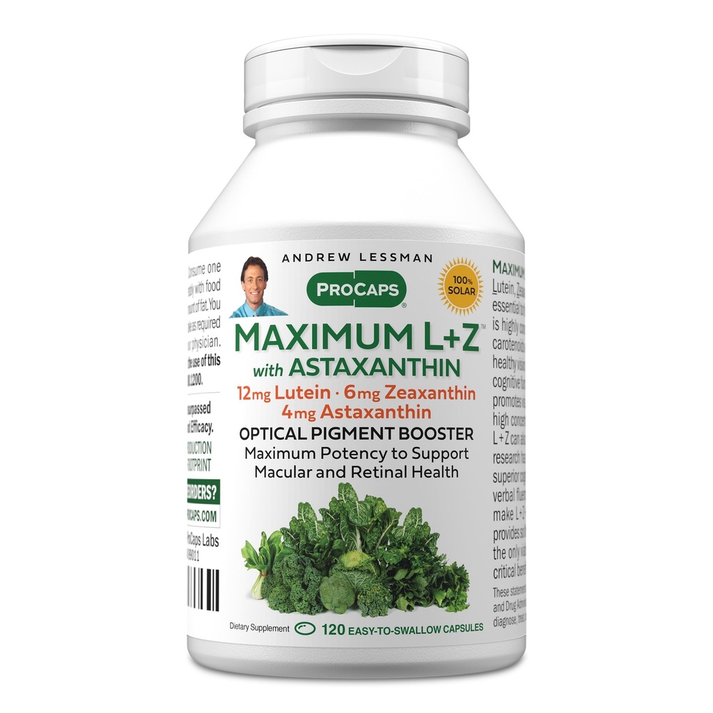 ANDREW LESSMAN Maximum L+Z with Astaxanthin 120 Softgels - 12mg Lutein, 6mg Zeaxanthin, 4mg Astaxanthin. Key Nutrients to Support Eye and Brain Health, and Promote Healthy Vision.