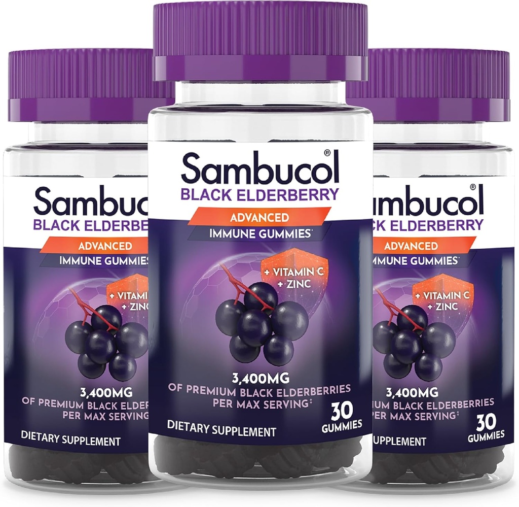 Sambucol Black Elderberry Gumies - Benderberry cink és C-vitamin felnőttek, Sambucus Elderberry Gumies, Immune Support Gumies - 30 gróf, 3 csomag
