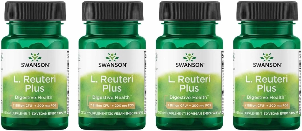 Swanson L. Reuteri Probiotic Plus w/L. Rhamnosus L. Acidophilus & FOS Prebiotic Digestive Support - Fremmer Gut Helse w/ 7 milliarder CFU per kapsel - (30 Veggie Capsules) (4 Pakke)
