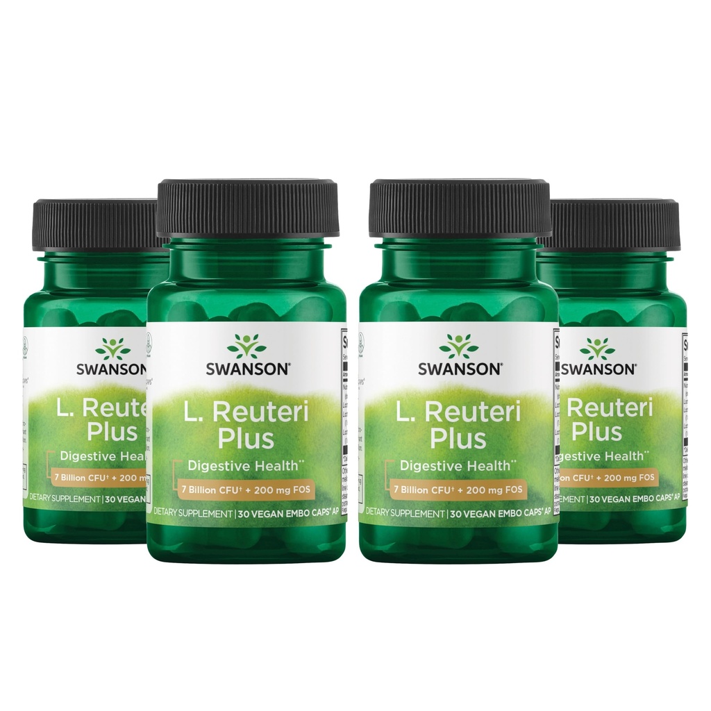 Swanson L. Reuteri Probiotic Plus with L. Rhamnosus, L. Acidophilus & FOS Prebiotic for Gut-Health-Conscious Adults - 7 Billion CFU (30 Vegan Capsules, 4 Pack)