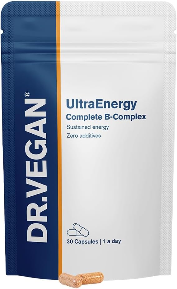 DR.VEGAN UltraEnergy | Complexo de vitamina B de alta forza, 30 cápsulas Vegan-Friendly | Inclúe Vitamina B12 (100ug), Choline (50mg), Biotina (50ug) e Folate (200ug) | One-A-Day