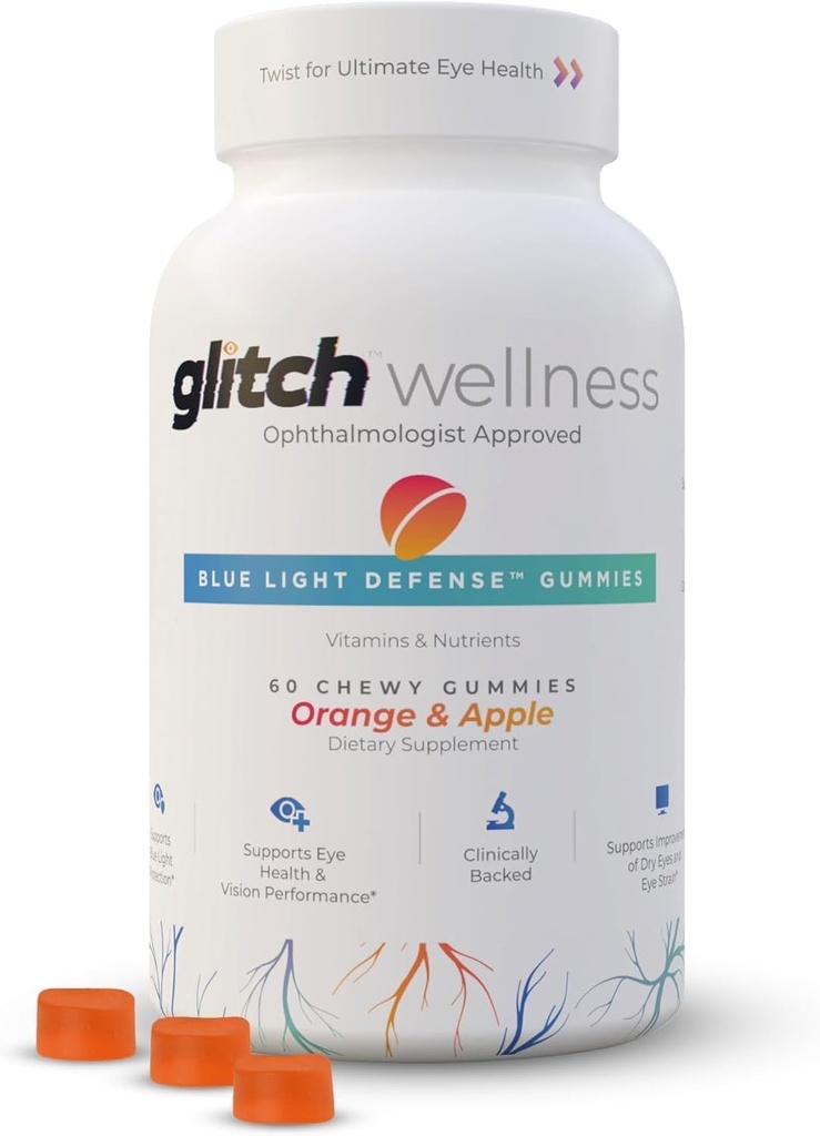 Glitch Gummys for Dry Eyes Blue Light Defense — Vegan, Sugar Free Zeaxanthin和Lutein Gummys for Eyes Supplements for 成人和老年人(60 count - 1瓶)