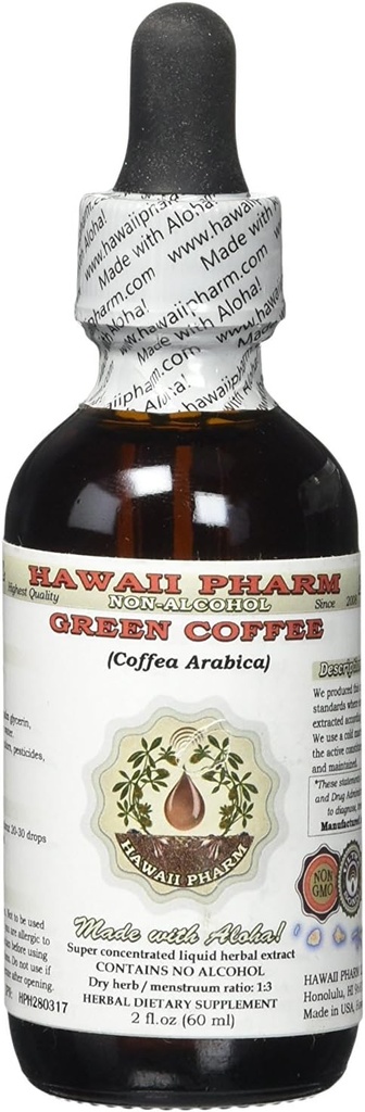 Green Coffee Alcohol-Free Liquid Extract, Green Coffee (Coffea Arabica) Сушен боб глицерит Хавай Pharm Natural билкови добавка 2 унция