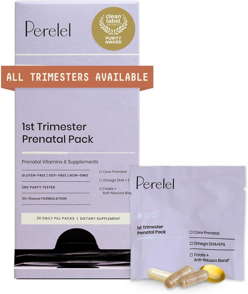 Perel 1st Trimester Prenatal Pack, Multivitamin med Folat, vitamin D, Omega 3, jern og ginger, ernæringsmessig støtte for tidlig graviditet, soya og glutenfri, ikke GMO, 30 daglige piller