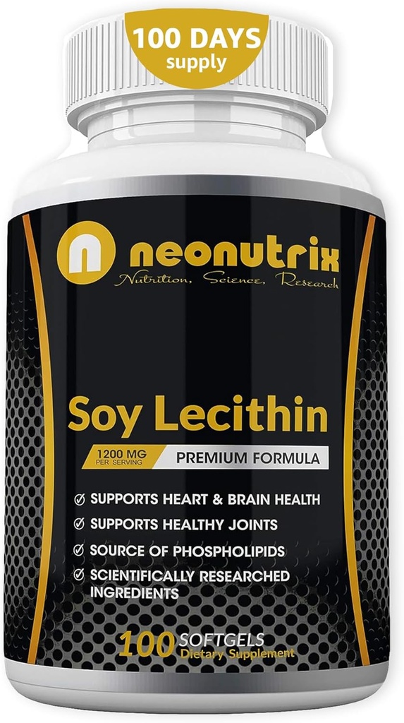 Soy Lecithin Capsules 1200 mg(每天1个,100个软胶) 磷脂类免疫辅助物富含支持代谢、脑和心脏健康与细胞功能,