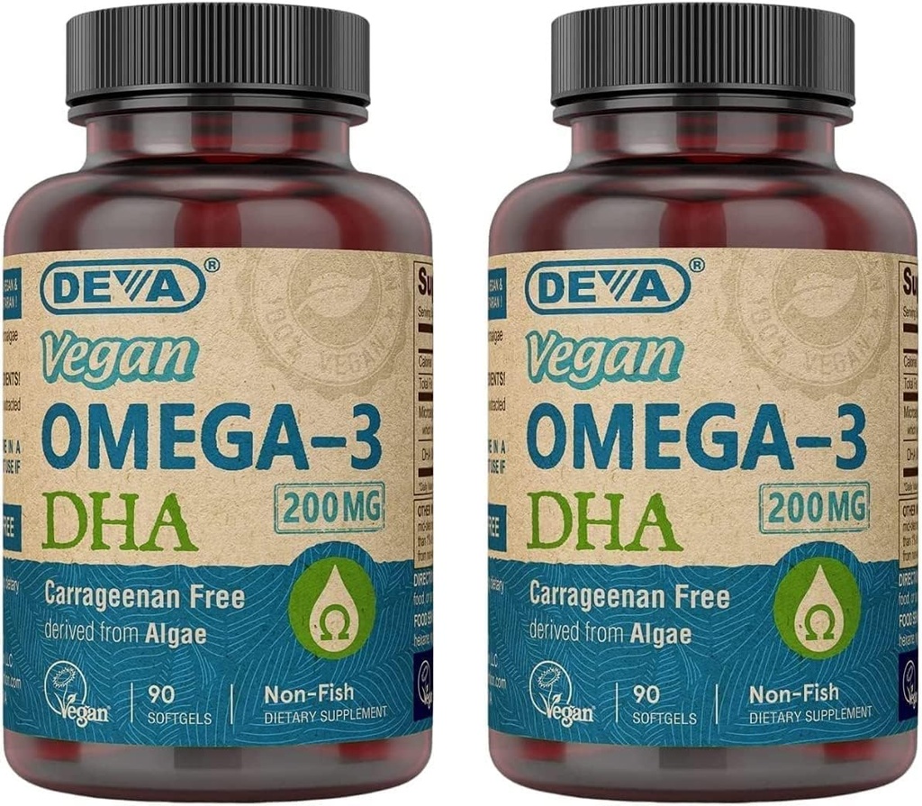 DEVA Vegansk Omega-3 DHA Supplement - En gang per dag Softgels 200 MG - Carrageenan gratis - Gelatin gratis - Ikke-fish - Algae olje Omega-3 fettsyrer - 90 Softgels (pakke med 2)
