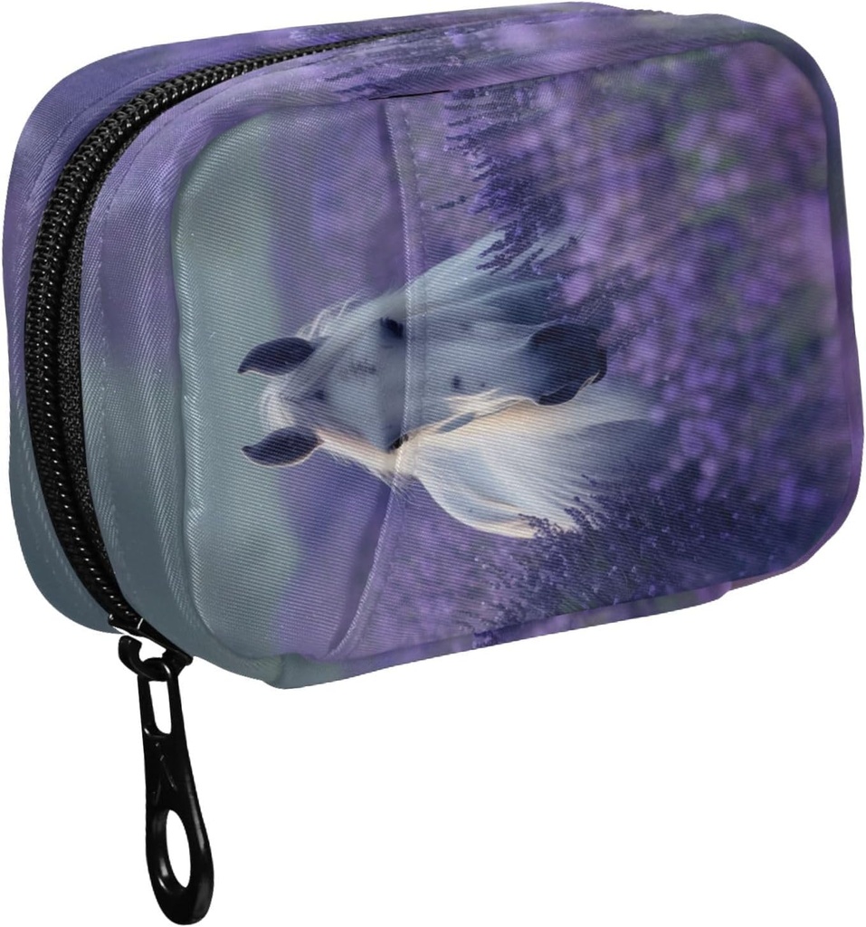 Fustylead bellissimo cavallo bianco in Lavender Flower Field Pill Organizer e stoccaggio settimanale con Zipper, rimovibile scatola di pillole Portable Medicine Organizer per Vitamin Fish Oil Supplement