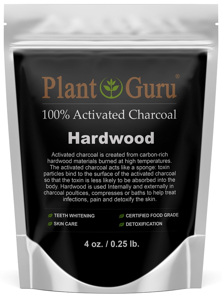 Plant Guru Activated Charcoal Powder 4 oz. HARDWOOD - Food Grade Kosher Non-GMO - Teeth Whitening, Facial Mask and Soap Making. Promotes Natural Detoxification and Helps Digestion