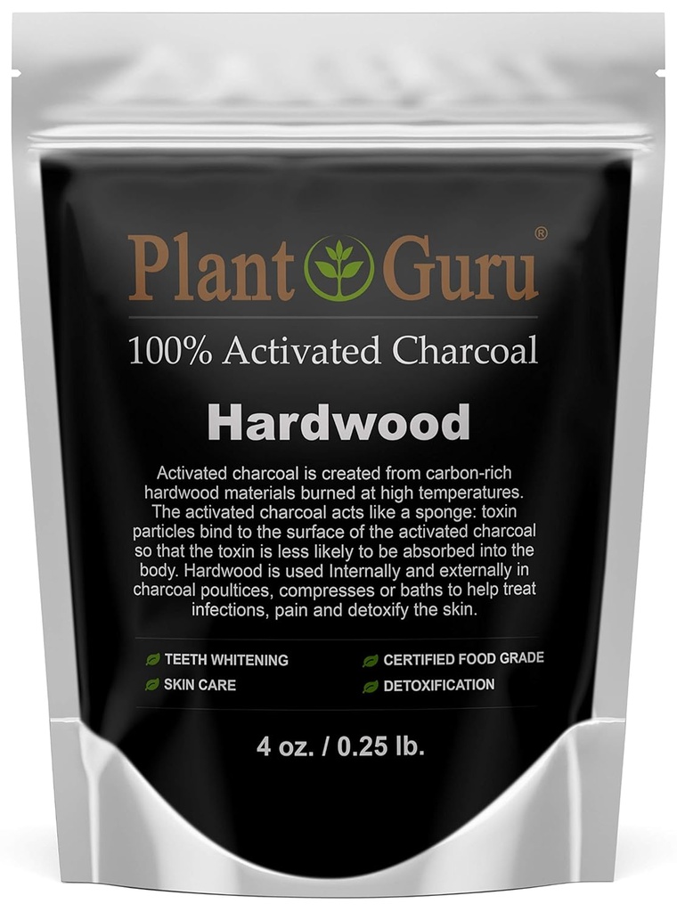Planta Guru Carvão Ativado Pó 4 onças. HARDWOOD - Não-GMO de qualidade alimentar Kosher - Whitening dentes, Máscara facial e fazer sabão. Promove a desintoxicação natural e ajuda a digestão