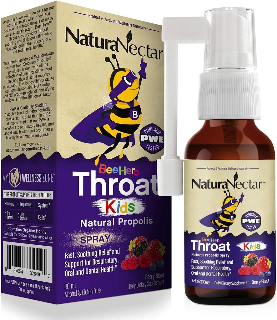 NaturaNectar - BeeHero Brasilgo Bee Propolis Throat Spray - Umeentzako erliebea - Erosotasun eta babeserako - Berry Blast Flavor (1 Pack, 1 Fl Oz)
