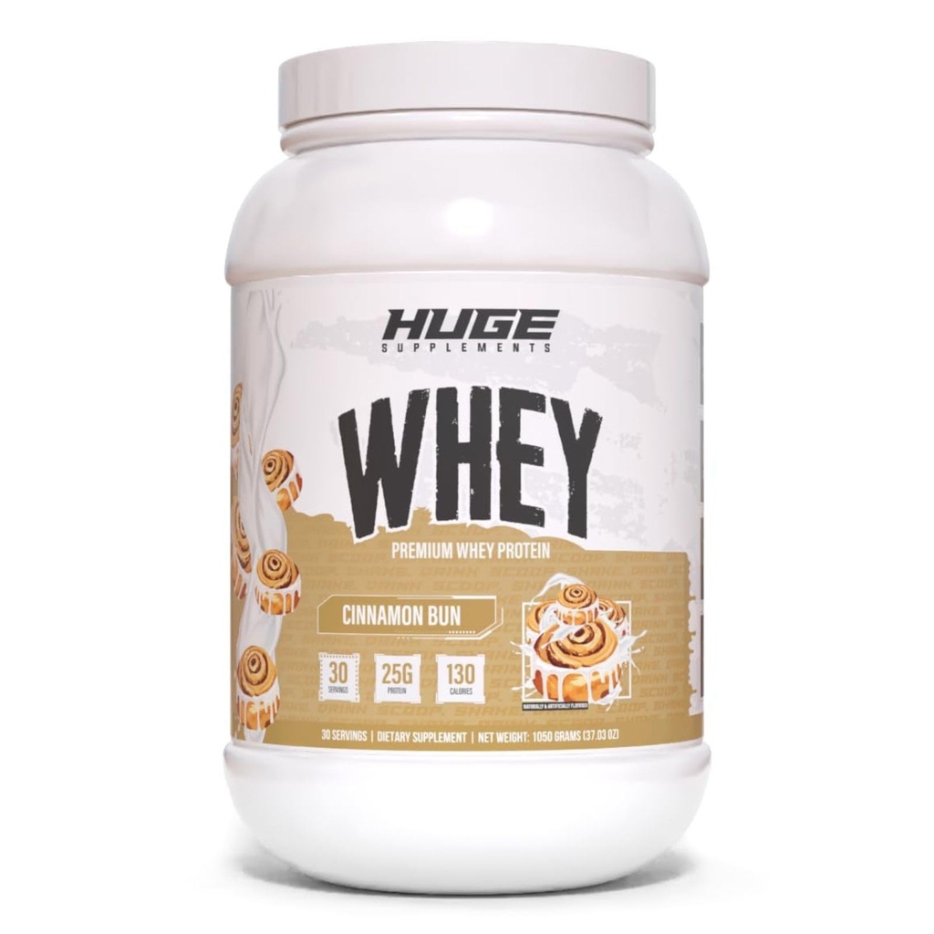 Huge Whey, Protein Powder for Muscle Gain, 25g Protein, 12g EAAs, Supports Muscle Growth, Performance & Recovery (Cinnamon Bun, 30 Servings)