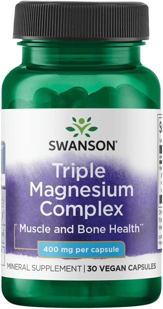 Swanson Triple Magnézium Complex - Minerálne doplnky - Prírodná podpora - Featuring Citrate, Oxid & Aspartate - (30 Kapsule, 400mg Každý)