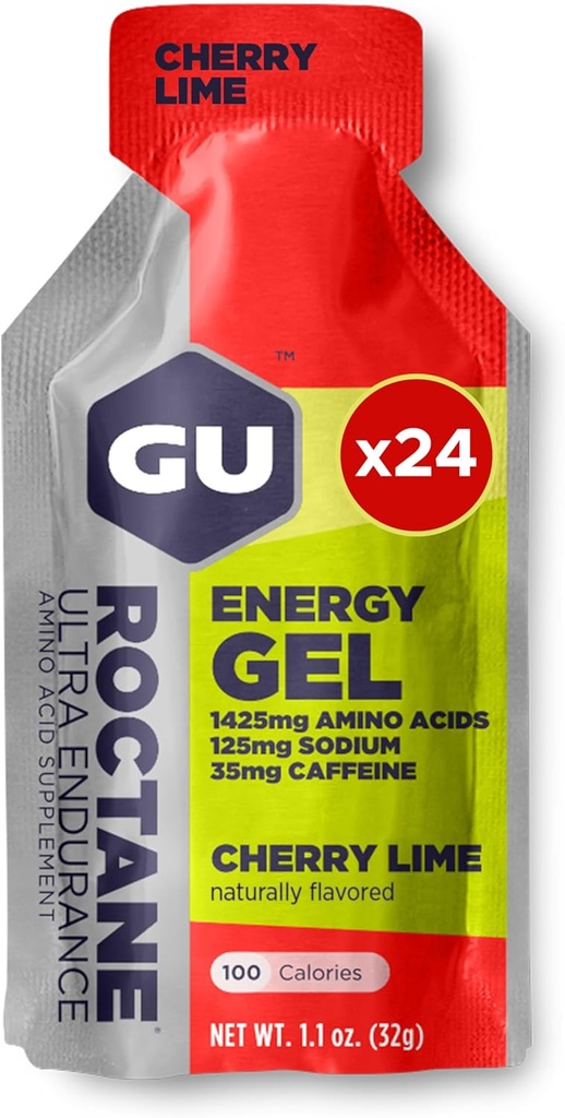GU Energy Roctane Ultra Endurance Energy Gel, Vegan, Gluten-Free, Kosher, and Dairy-Free On-The-Go Sports Nutrition for Running, Biking, Hiking or Skiing, 24-Count, Cherry Lime