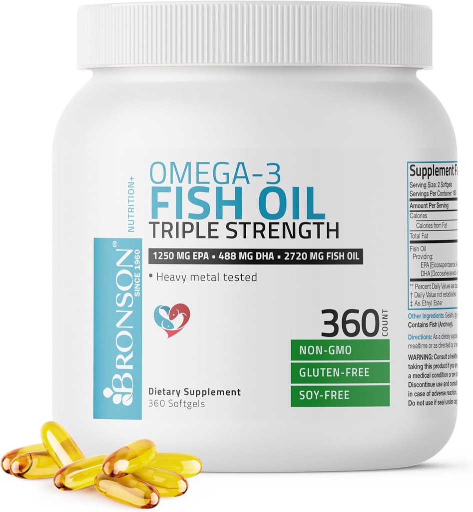 Bronson Omega 3 Fish Oil Triple Force 2720 mg, High EPA 1250 mg DHA 488 mg, Non- GMO Heavy Metal Tested, 360 Softgels