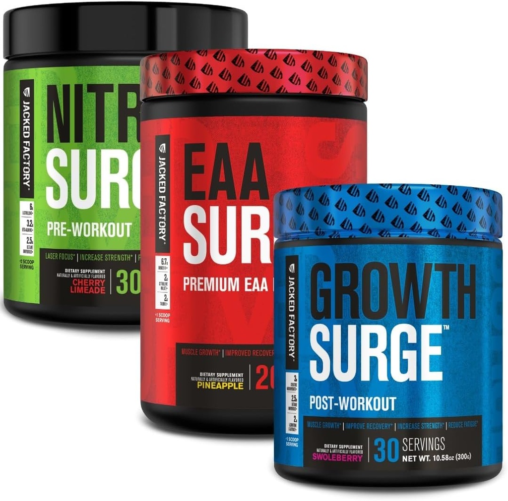 Fábrica Jacked Nitrosurge Pré-treino, EAA Surge Aminoácidos Essenciais, Crescimento Surge Pós-treino Muscle Builder Bundle