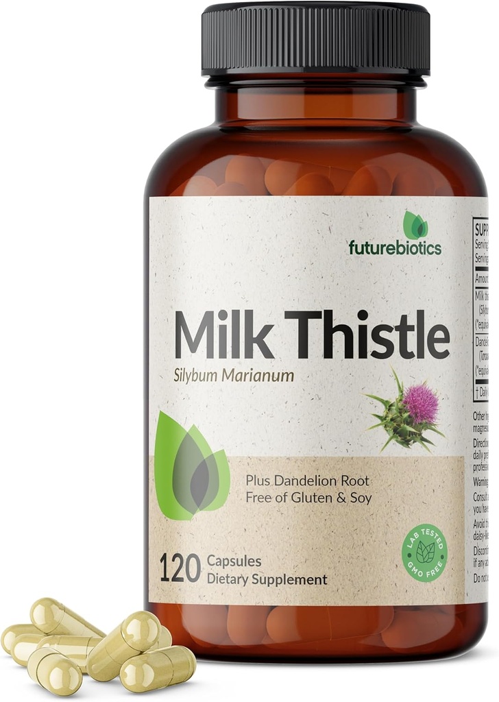 Futurebiotika Mælk Thistle Silymarin Marianum & Mælkebøtte Root Lever Health Support, Antioxidant Support, Detox, 120 Kapsler