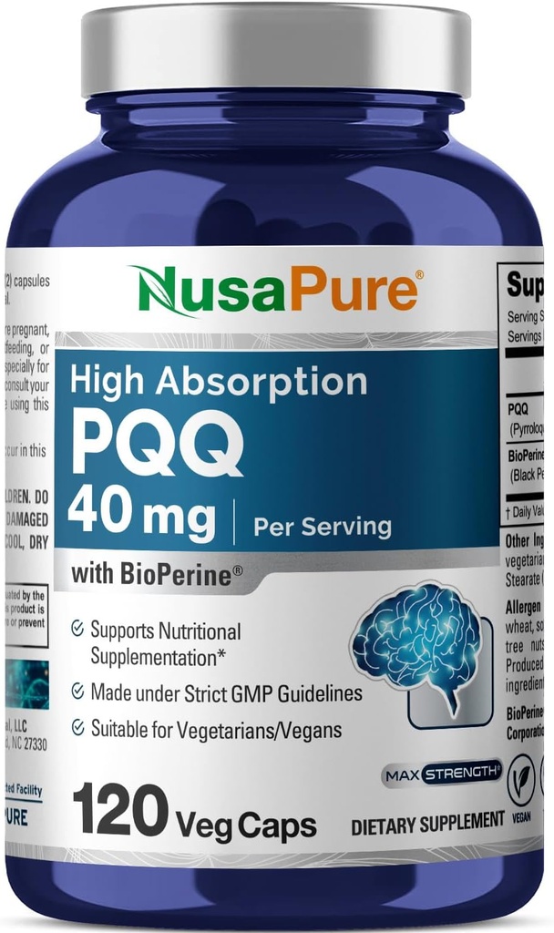 NusaPure PQQ Supplemento 40 mg, 120 capsule vegetali, Non OGM, Pyrroloquinoline Quinone Disodium Salt, Bioperine