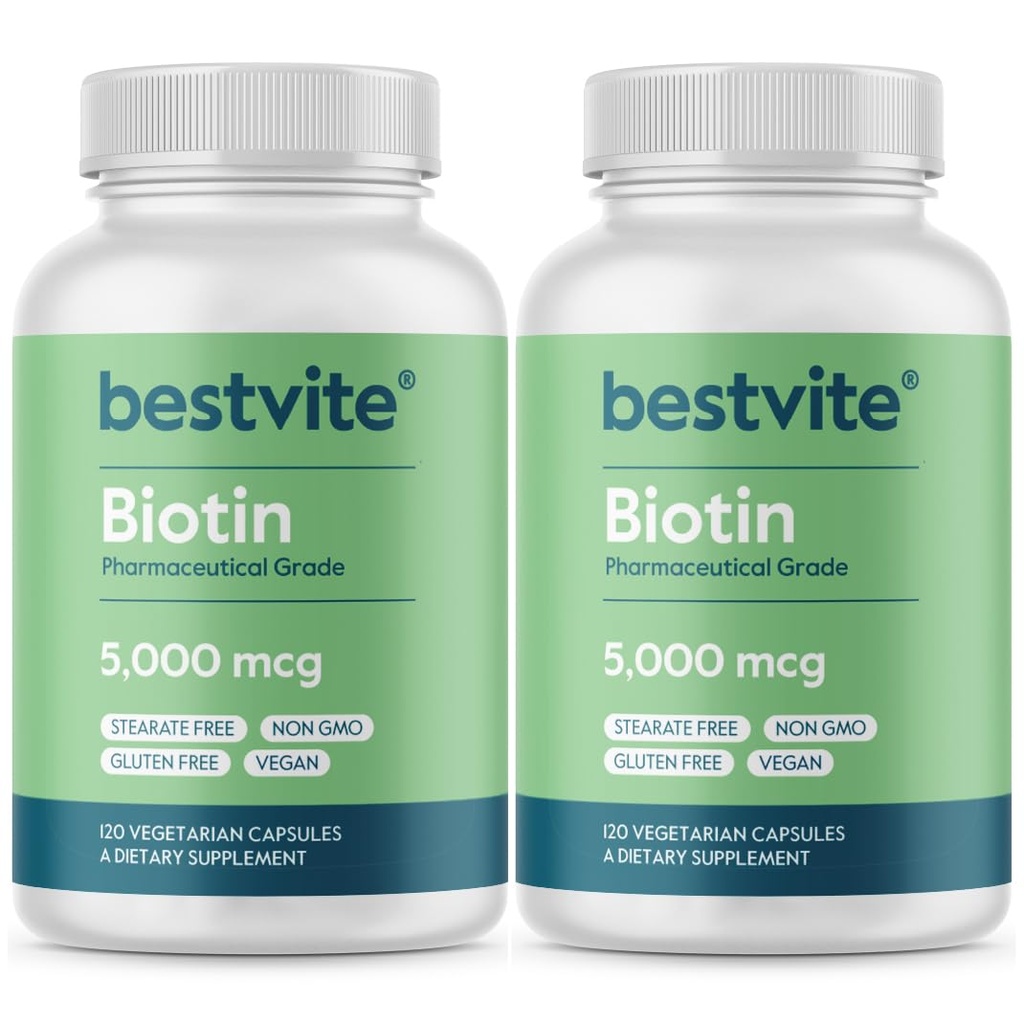 BESTVITE Biotin 5000mcg (240 Vegetarian Capsules) (120 x 2) - No Stearates - No Flow Agents - Vegan - Non GMO - Gluten Free - Hair, Skin, Nails