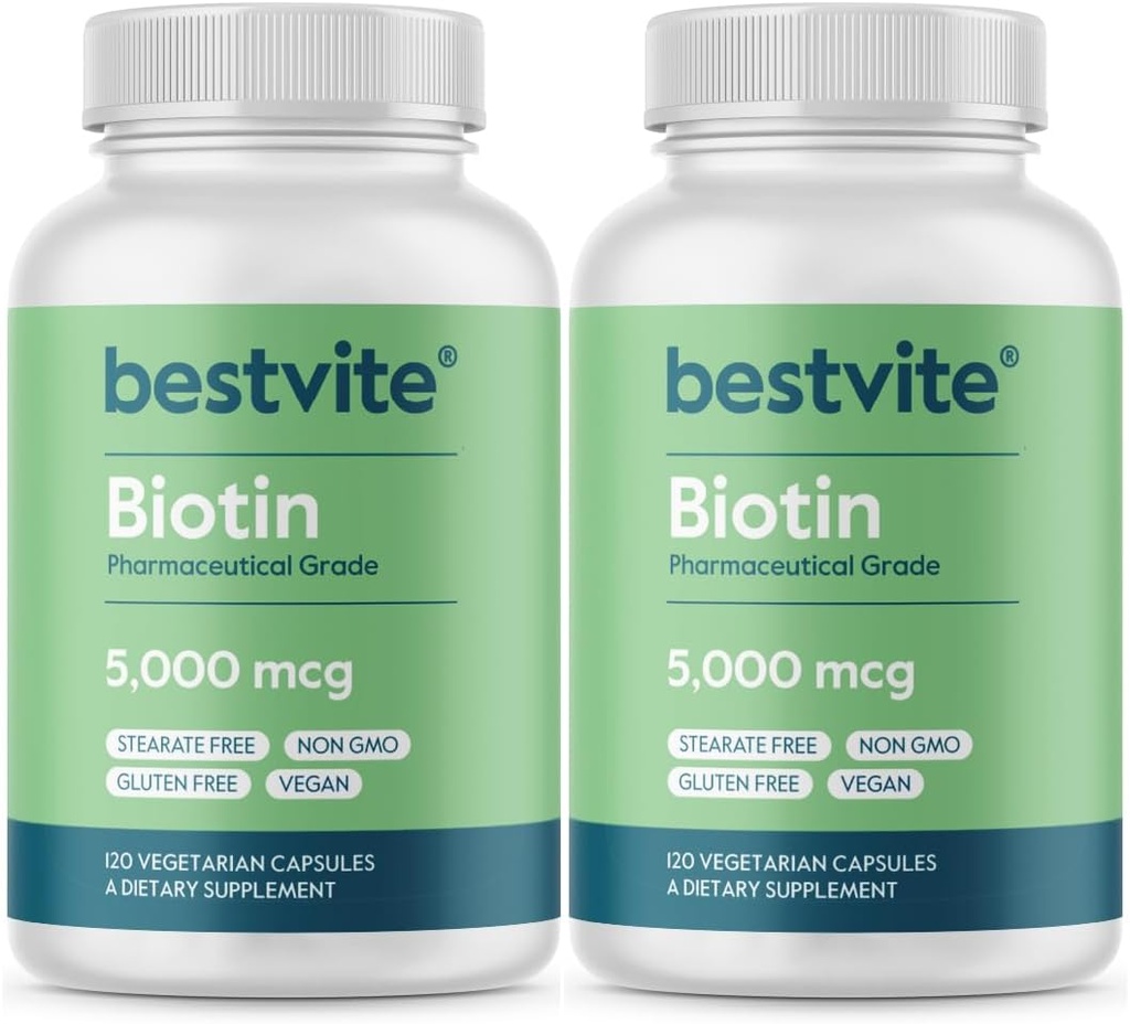 BESTVITE Biotin 5000mcg (240 Vegetarian kapsulak) (120 x 2) - Ez Stearates - Ez Fluxu-agenteak - Vegan - Ez GMO - Gluten Free - Ilea, azala, Nails