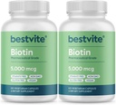 BESTVITE Biotin 5000µg (240 Vegetáriánus kapszula) (120 x 2) - Nincs Stearates - Nincs Flow Agents - Vegan - Nem GMO - Gluten Free - Haj, bőr, körmök