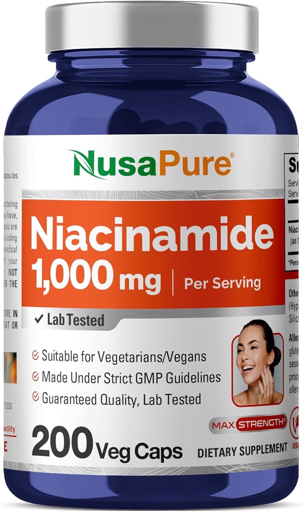 NusaPure Niacinamide 1000mg 200 cápsulas de Veggie (Non-GMO, Vegan)