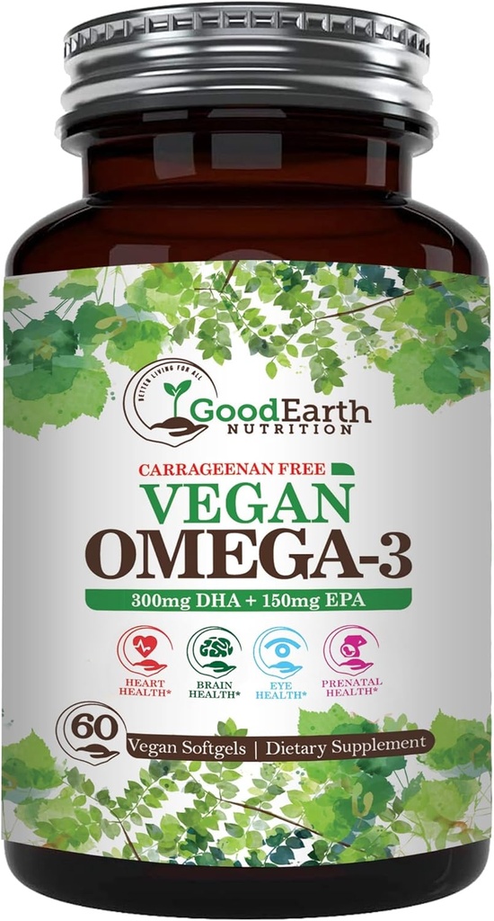 Vegan Omega 3 - Carrageenan Free Plant Based Algal DHA/EPA- 60 Veggie Softgels - Supports Brain, Heart & Prenatal Health - Essential Fatty Acids Supplements