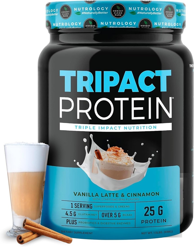 Nutroloģija TRIPACT Protein Pulveris - 7-in-1 Ēdienreizes aizstāšana Sakratiet ar zāles kausētu sūkalu Protein pulveris, zirņi, rīsi, zaļumi muskuļu reģenerācijai un imunitātei, Vanilla Latte & Cinnamon Flavor, 20 Kalpo