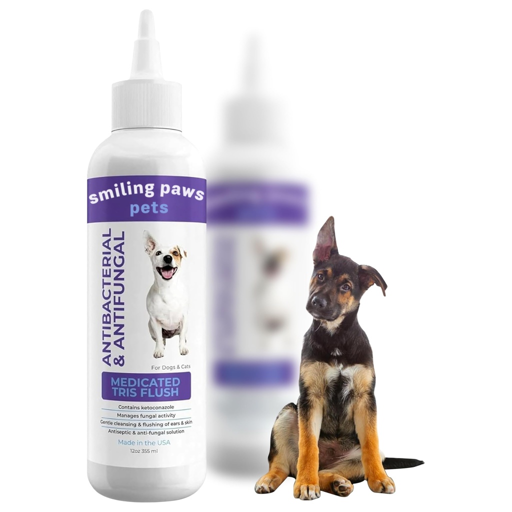 Smiling Paws Pets Medicated Tris Flush Dog Ear Cleaner Solution and Infection Treatment for Dogs and Cats Ear Flush for Dogs Ear Cleaner for Dogs & Cats - Cat & Dog Ear Wash Contains Ketoconazole 12oz