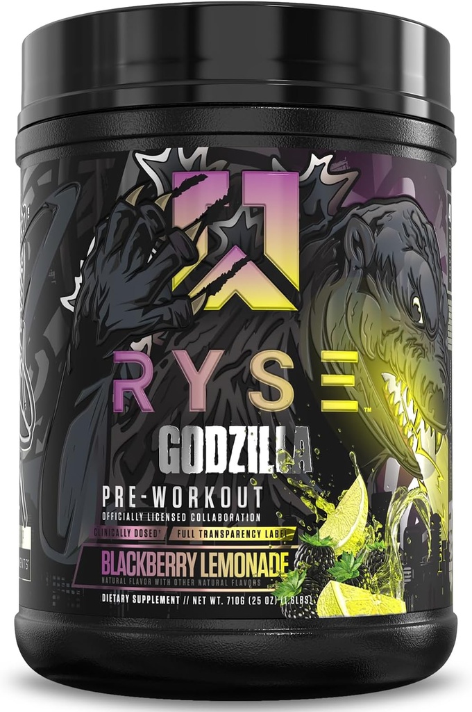 RYSE Godzilla X Noel Deyzel Pre Workout Powder - BlackBerry Lemonade - 400mg Caffeine, High Stim Pre- Workout for Men & Women with Citrulliine & Beta Alanine - Năng lượng, bơm & Focus - 20/40 phục vụ