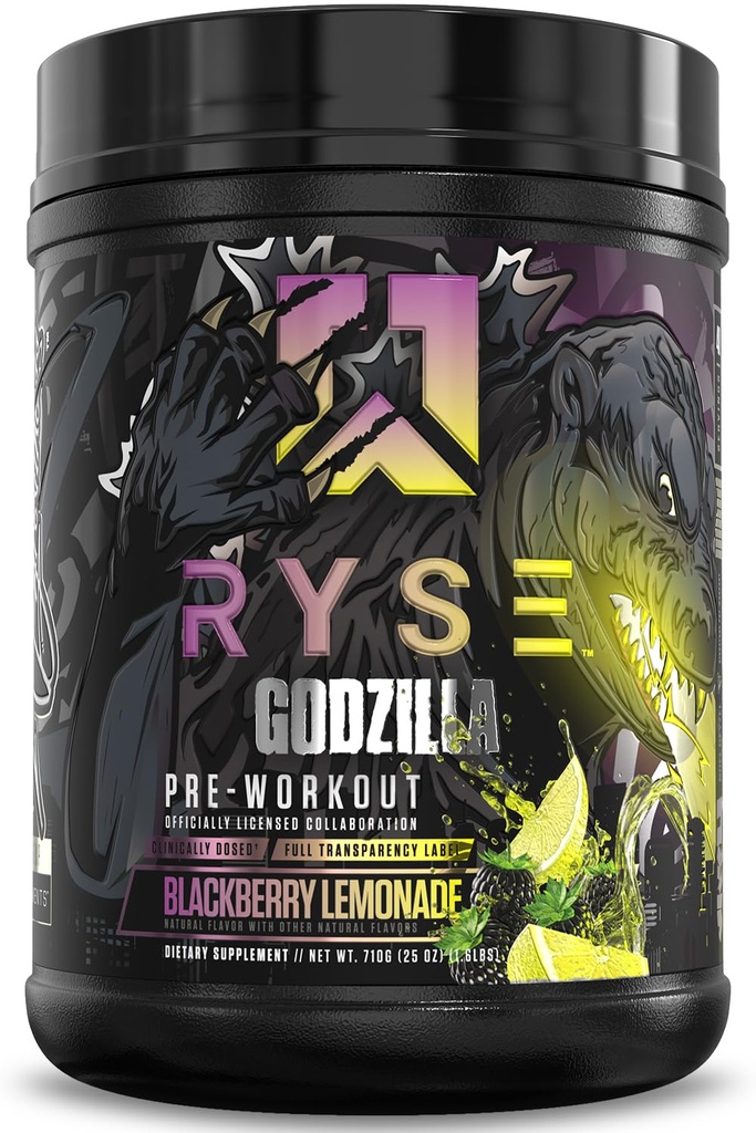 RYSE Godzilla X Noel Deyzel Pre Workout Powder - BlackBerry Lemonade - 400mg Caffeine, High Stim Pre-Workout for Men & Women with Citrulline & Beta Alanine - Energy, Pump & Focus - 20/40 Servings