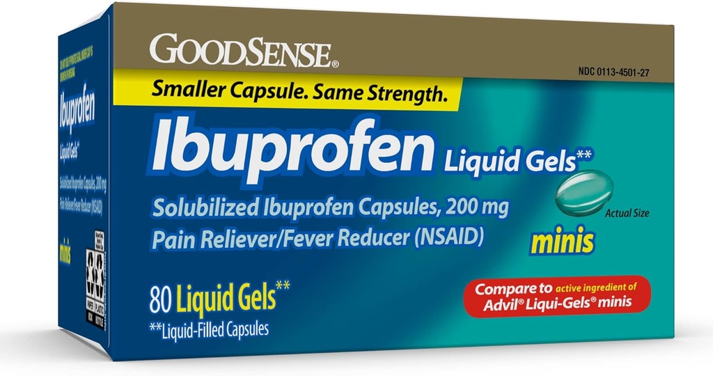 GoodSense Ibuprofen Mini Liquid- Gels, 200 mg, Liquid- Filled Capsules, Pain Reliever and Fever Reducer, 80