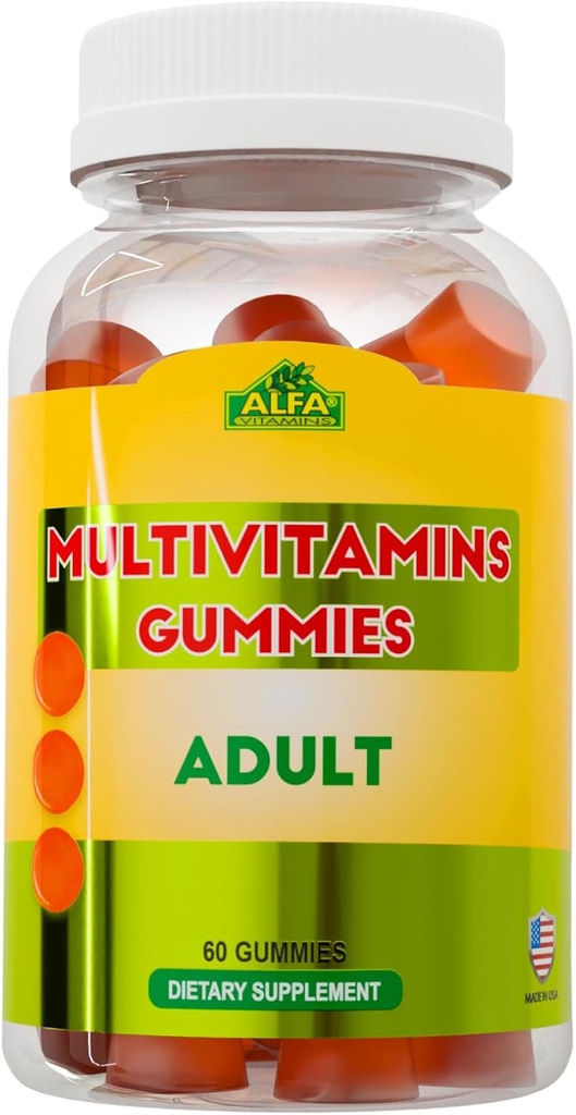 ALFA VITAMINS MultiVitamins за възрастни поддържа производството на клетъчна енергия - Essential Daily Vitamins & Minerals - Booster на имунната система - Natural Orange Flavor (60 Gummies)