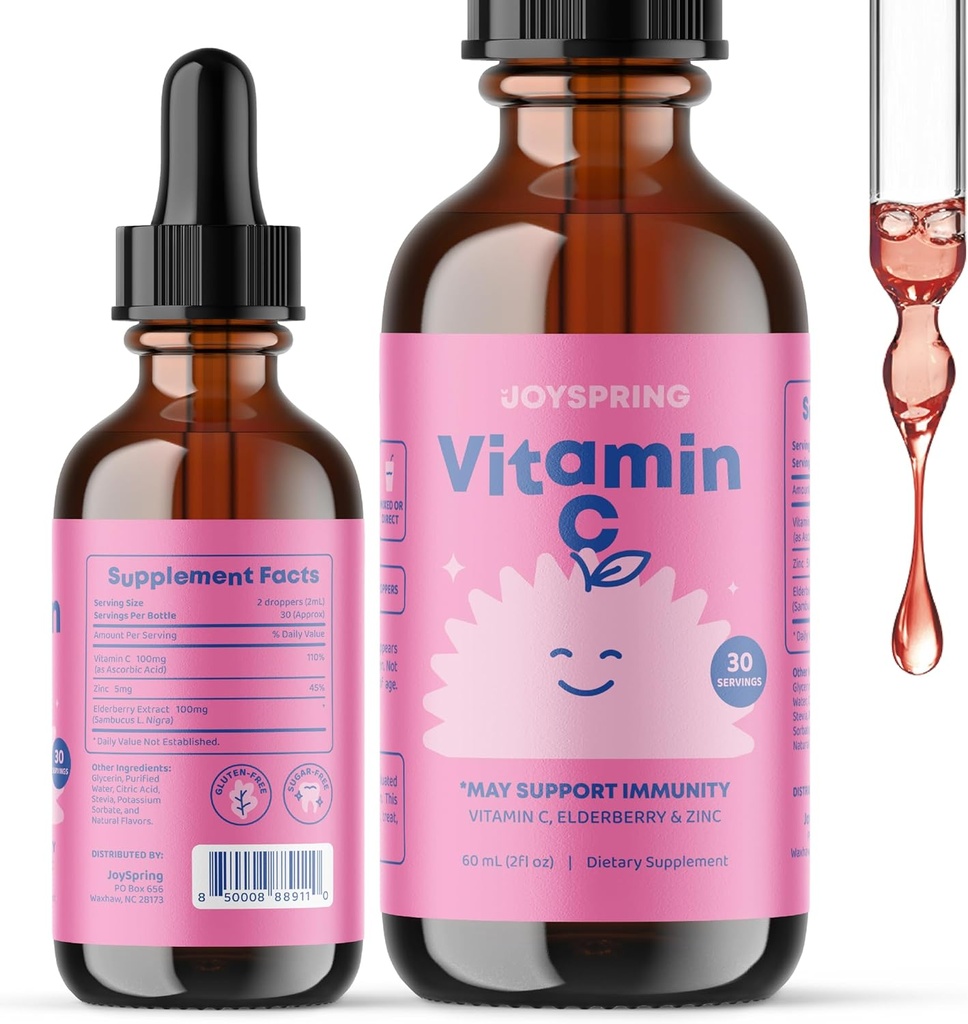 JoySpring Vitamin C + Elderbær Drops + Sink for barn immun støtte, Genius faller for fokus, og vitamin D for barn