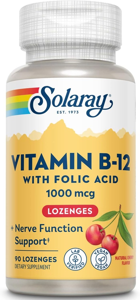SOLARAY Vitamin B-12 1000mcg Lozenges with Folic Acid | 천연 체리 맛 | 건강한 에너지 지원 | 90CT