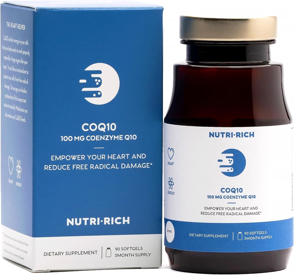 Nutri-Rich CoQ10 Softgels, Coenzyme Q10 Ubiquinon for hjerte og energi, Statin bruk og cellulære helse, tredjeparts testet, GMP kvalitet, ingen kunstige tilsetningsmidler, ingen soya, glutenfri, 90 greve