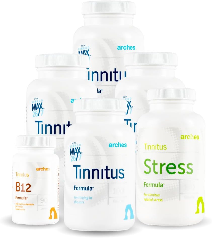 Arches Tinnitus Combo Pack - Nyní s Ginkgo Max 26 / 7 - Přírodní Tinnitus léčba pro úlevu od vyzvánění uší - 6 lahví - 90 denní dodávka