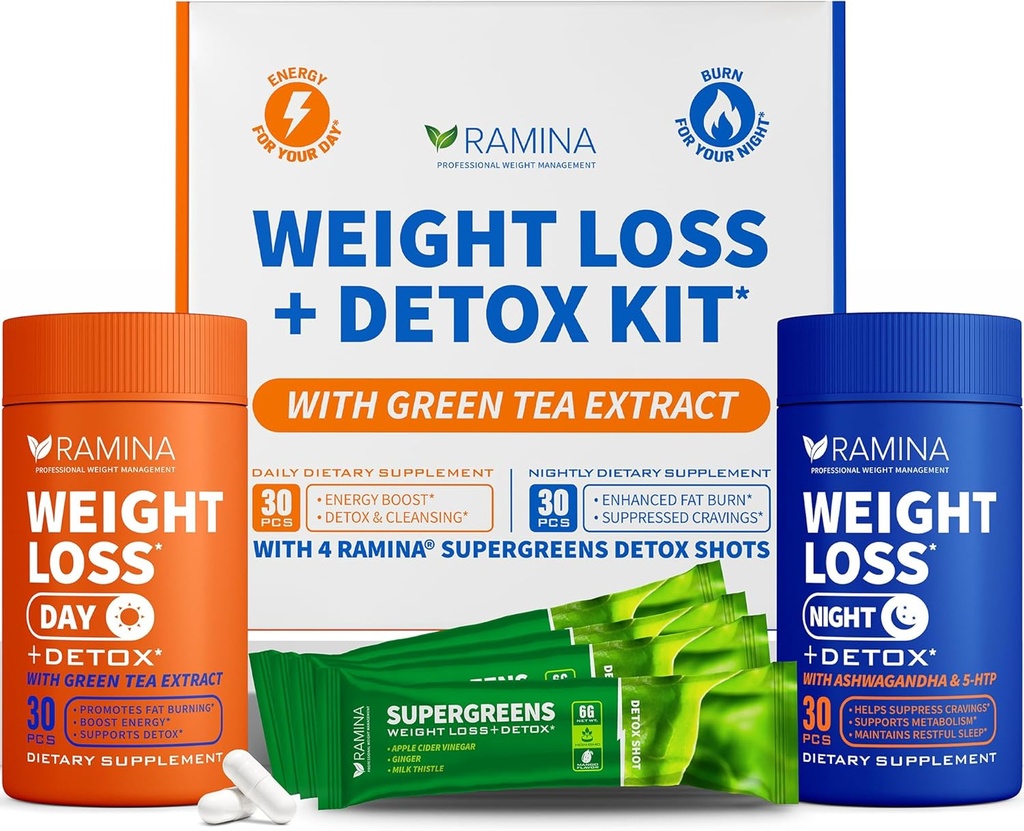 终极体重损失 Kit – 30 Day & Nighttime Detox Shots – 代谢促进器 & Appetite Control – 女性与男性的饮食补充剂 – Fat Burning & Weightloss Pills, Fat Burner & Appetite 抑制剂