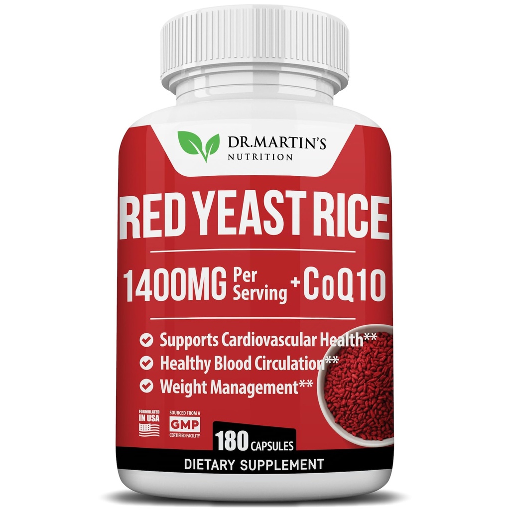 1400mg Red Yeast Rice Extract & 80mg CoQ10 Supplement 180 Count - Maintain Healthy Cholesterol Level,Support Cardiovascular, Blood Circulation for Healthy Heart, Energy, Weight Manage & Overall Health