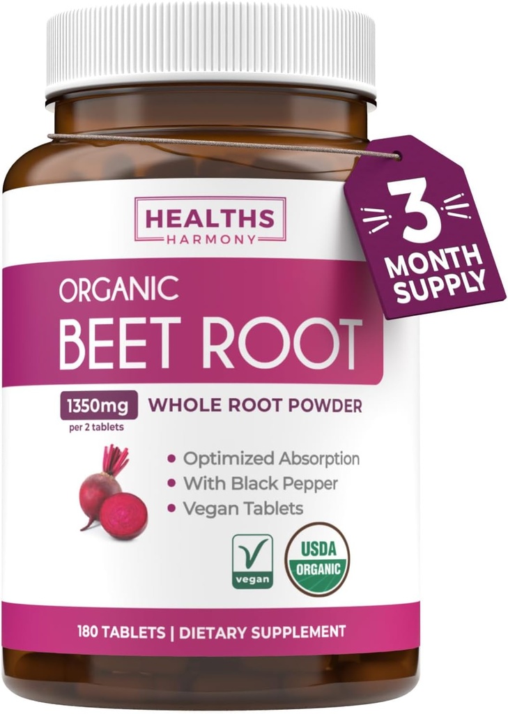 Organic Beet Root Toz Tabletləri - Qızıl Dəstəyini dəstəkləmək üçün Black Pepper özü ilə Extra Strength Beet Supplement