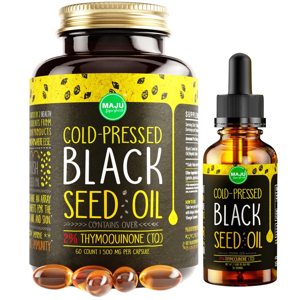 Maju Superfoods Black Seed Oil 2 oz and Black Seed Oil Capsules Bundle