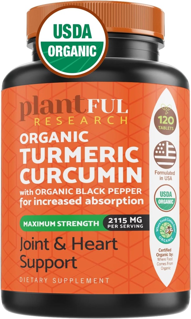 Suplemen Turmeric Organik dengan Potensi Tinggi Black Pepper USDA Disahkan [Curcumin Organik Non-GMO 21115mg] Antioksidant Gabungan & Imune Dukungan 120 Tablet