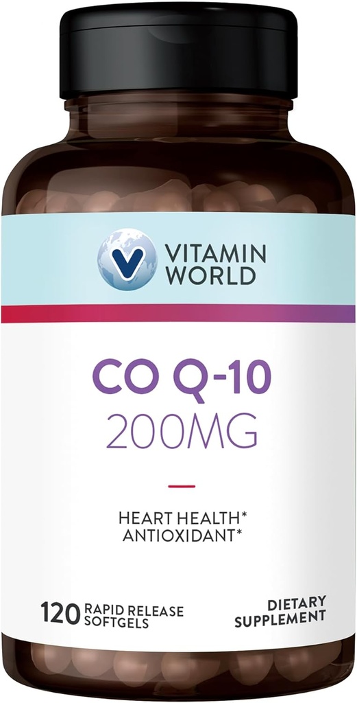 Vitamiin World CoQ10 200 mg Softgels, koensüüm Q10 Supplements for Antioxidant Support, Heart Health & Energy Production, Gluteenivaba, 120 Rapid Release Softgels