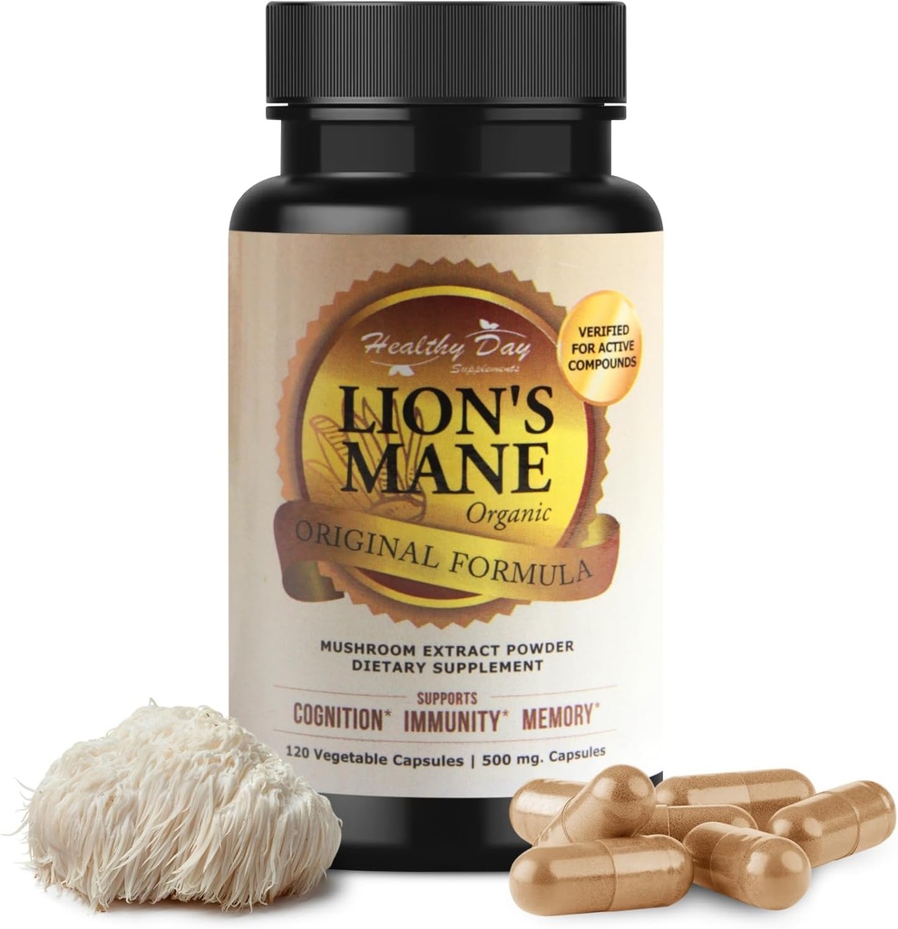 Lions Mane Mushroom Cognition Capsules - 120 Count | Organic, Gluten pulsuz, Yetişkin üçün Alpha Brain Supplement | Brain Vitamins & Focus Nootropic | Amerikada Made