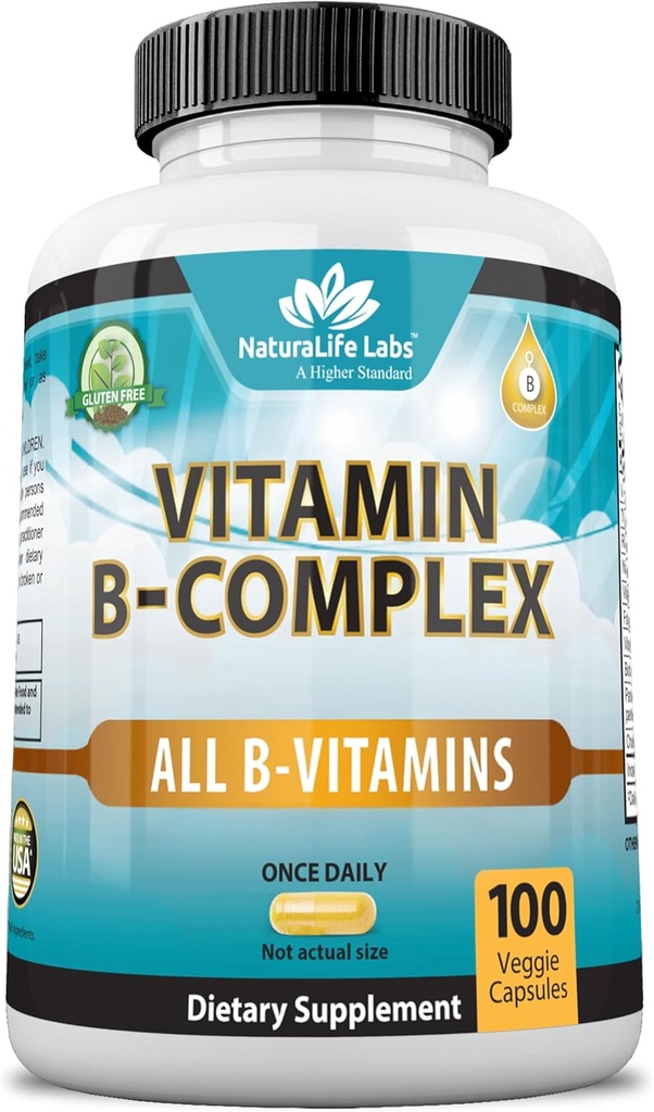NaturaLife Labs Vitamina B-complex con vitamina C & ácido fólico - inclúe B1, B2, B3, B5, B6, B7, B9 e B12 - 100 cápsulas, Vegan, Non-GMO, Gluten Libre