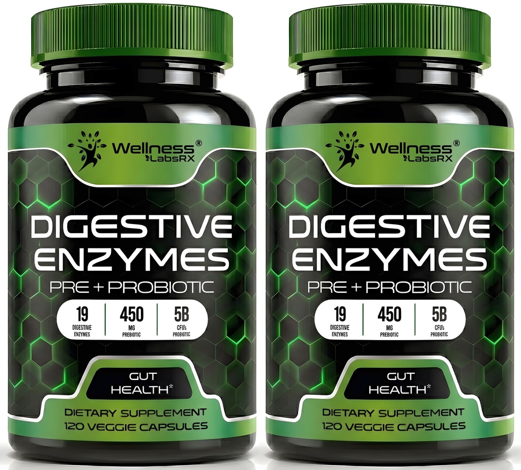 Digestive Enzymes with Probiotics and Prebiotics, 450mg, 5 Billion CFUs - Pure Super Digestion Capsules - Digestive Enzymes for Women & Men Support Digestion & Gut Health - 120 Count (Pack of 2)